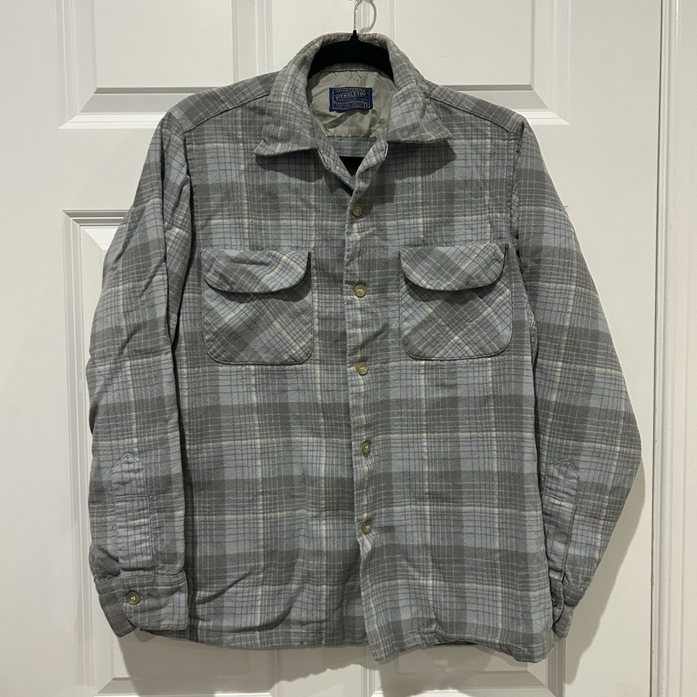 VTG 60s Pendleton Board Shirt Wool Flannel Grey Plaid Loop Collar Surf Mens S